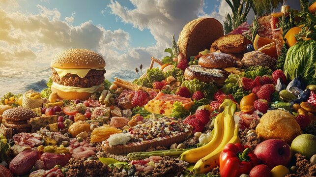 Abundant Food Spread with Burgers, Fruits, and Vegetables in Nature