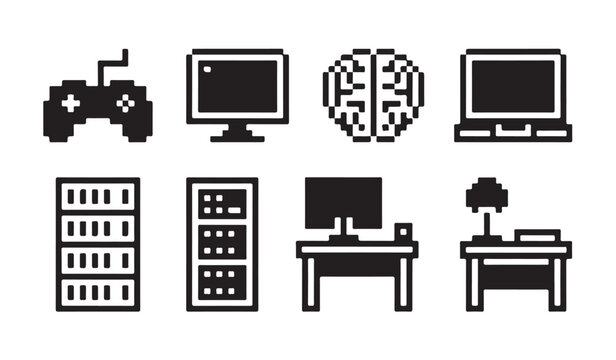 Set of pixel art style computer and server icons, electronic devices isolated on transparent background.