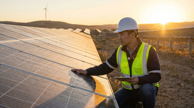 Solar Energy Sustainability Concept with Engineer at Work