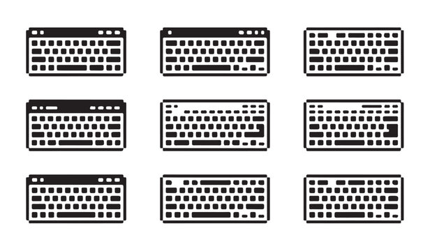 Assorted keyboard layouts for computer hardware collection designed in minimalist pixel art.