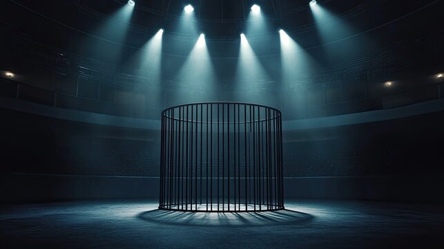 Empty Cage Surrounded by Spotlight in Dark Arena Environment