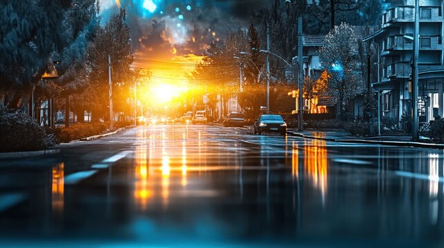 Dramatic Sunset Reflections on a City Street After Rainshowers