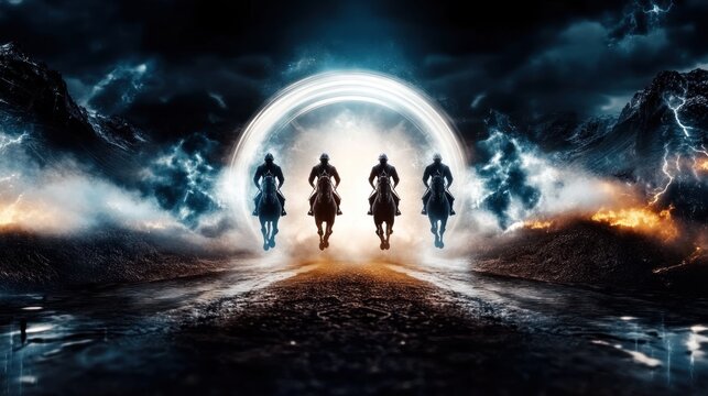 Dynamic figures emerging from mystical portal in dramatic landscape