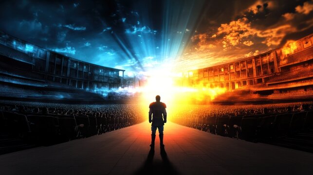 Heroic Silhouette in Epic Arena with Dramatic Sky and Light Rays