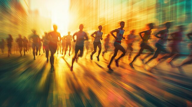 Dynamic Urban Marathon at Sunset with Runners in Motion Blur