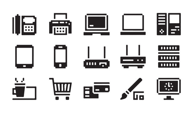 Modern electronic hardware devices and shopping icons set for digital business commerce.