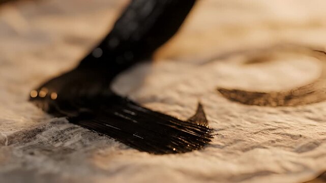 Closeup of a paintbrush with black ink applying to textured paper.