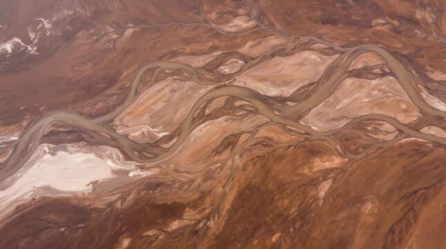 Aerial view of a winding river flowing through a dry, barren landscape with reddish-brown soil and rugged terrain.