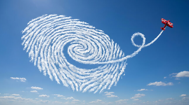 Red biplane flying in a clear blue sky leaving a white smoke trail in the shape of a giant fingerprint representing identity and security concepts