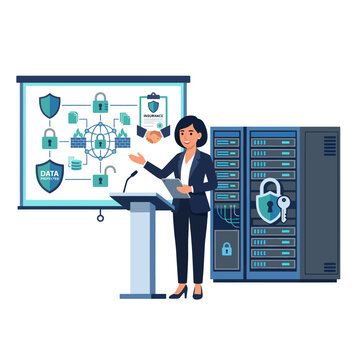Businesswoman presenting on cybersecurity and data protection, illustrating network security, digital privacy, and server infrastructure safety.