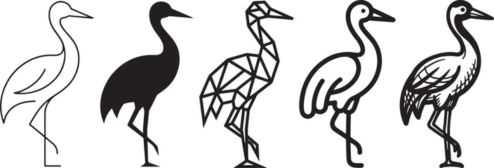 Fototapeta premium Set of five different heron bird icons in various artistic styles including minimal thin line, bold silhouette, geometric shape, rounded outline and detailed bold line art design Vector