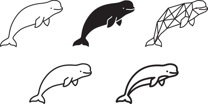 Collection of beluga whale icons in various simple art styles including line art, solid black silhouette, and geometric polygon shapes for creative marine animal graphic design projects Vector