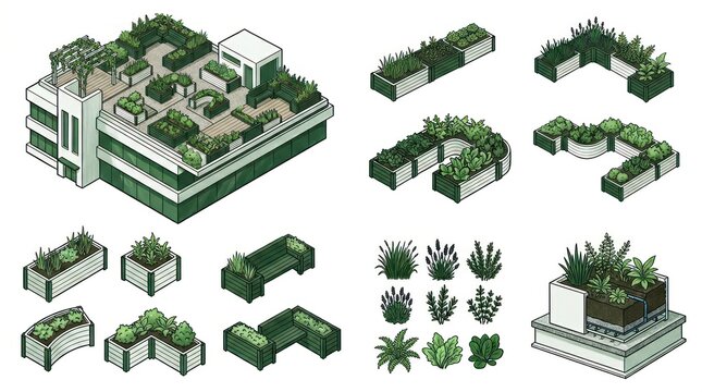 Isometric Rooftop Garden Design Elements for Architectural Visualization.