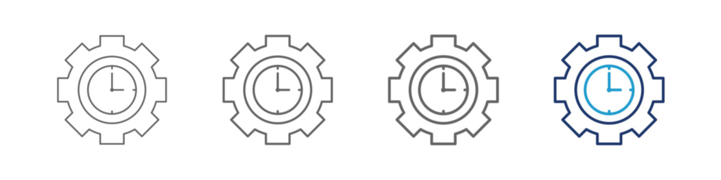 Time management icon in a row, each showing a clock inside a gear or cog. The gear symbolizes process or system, while the clock represents time. It is created with various line thicknesses and the co