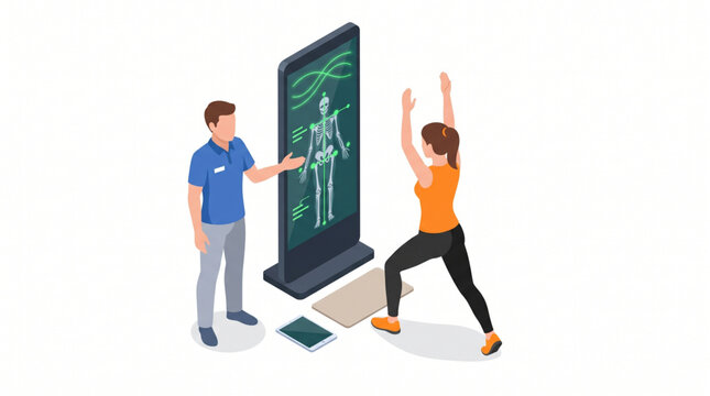 Isometric illustration of physiotherapist guiding a patient in front of a smart interactive mirror