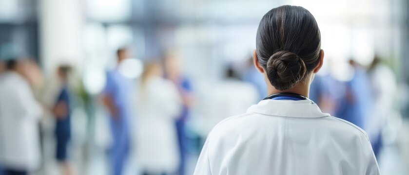  Conceito de networking e trabalho em equipe: vis&atilde;o traseira de uma m&eacute;dica de jaleco caminhando no corredor de um hospital durante o intervalo de uma confer&ecirc;ncia m&eacute;dica