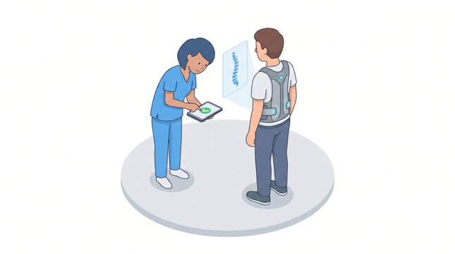 Isometric illustration of orthopedic doctor examining a patient wearing a smart back brace