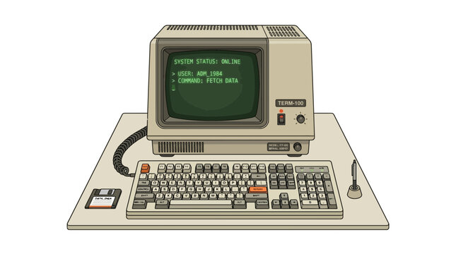 Retro computer terminal with keyboard and mouse on desk