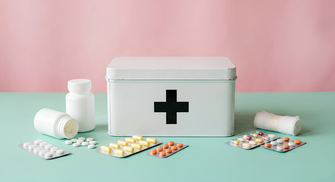 White First Aid Kit with Black Cross Symbol, Surrounded by Assorted Pharmaceutical Pills, Capsules, Tablets in Blister Packs and Medicine Bottles on Turquoise Surface with Pink Background