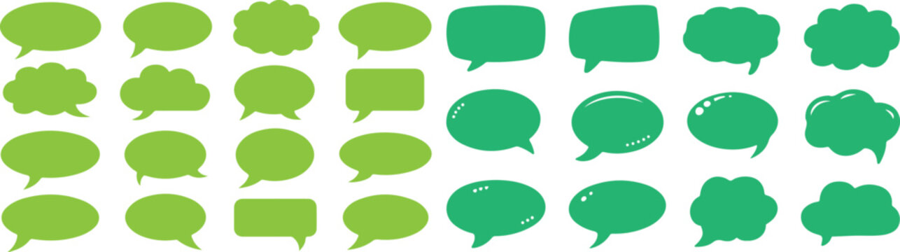 Group of green speech bubble icons in various shapes for communication design and digital interface chat