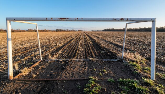 A white soccer goal stands in a vast, tilled agricultural field under a clear blue sky, stretching towards the horizon.