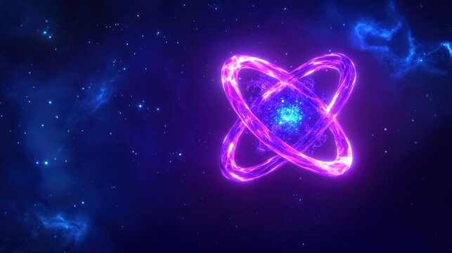 Bright neon glowing atomic structure against starry cosmic background