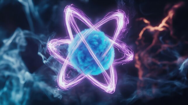 Vibrant digital representation of atom with glowing electrons orbiting Earth