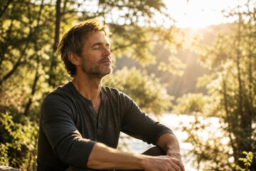 Obraz premium Middle Aged Man Resting Beside Sunlit River After Calm Outdoor Meditation