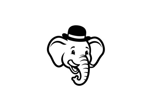 Cartoon elephant wearing a bowler hat simple black and white illustration