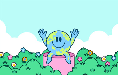 Obraz premium Earth mascot sitting in a colorful flower garden with clouds and blue sky background. Perfect for ecology, environment, sustainability, and nature themes vector illustration hand drawn style