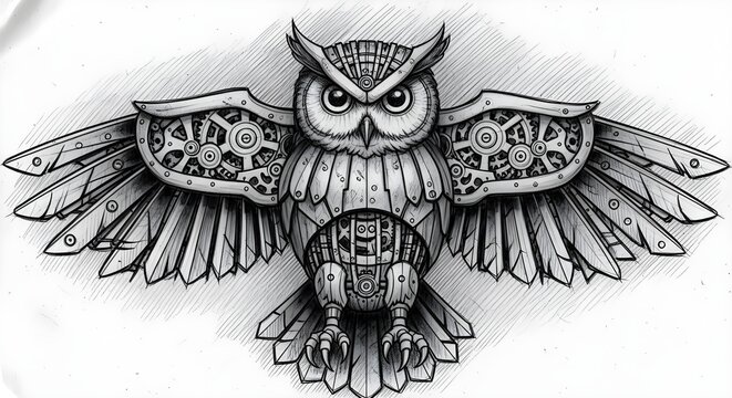Detailed black and white drawing of a steampunk owl with intricate mechanical gears and metal plating on its wings and body, showcasing a robotic avian design.