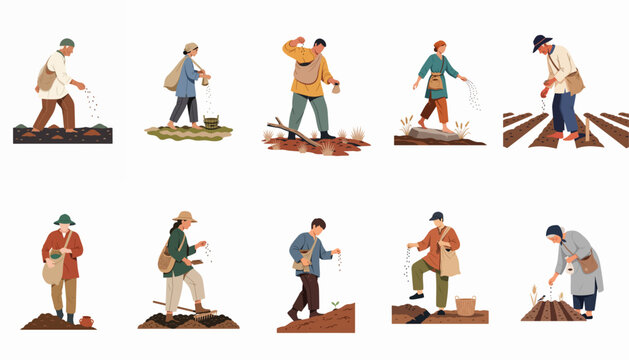 Collection of ten flat vector illustrations showing various farmers in traditional attire sowing seeds by hand in agricultural fields
