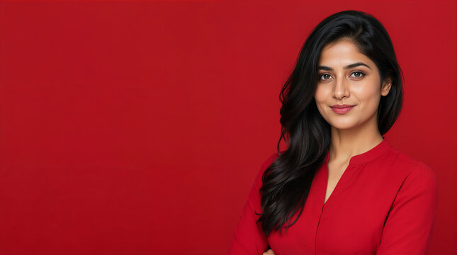 Elegant young executive south asian woman looking at camera with arms crossed, advertising banner template
