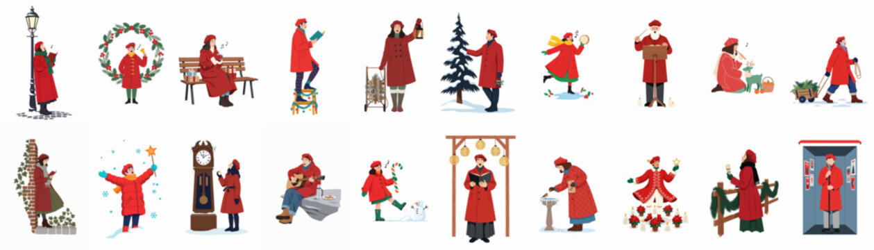 Collection of Christmas-themed illustrations featuring people in red coats singing, playing music, and celebrating winter holiday traditions on a white background.