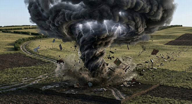 Massive Tornado Storm Over Rural Landscape