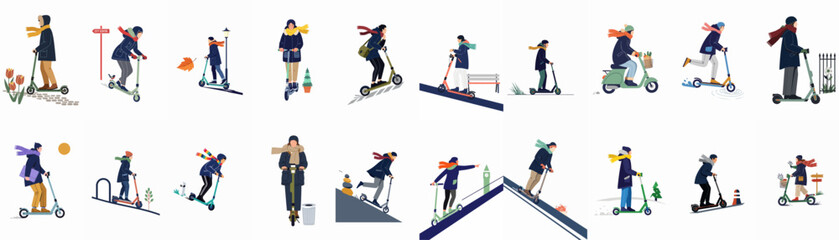 Fototapeta premium Set of flat vector illustrations featuring diverse people riding kick scooters in various urban settings during autumn and winter for modern mobility concepts.