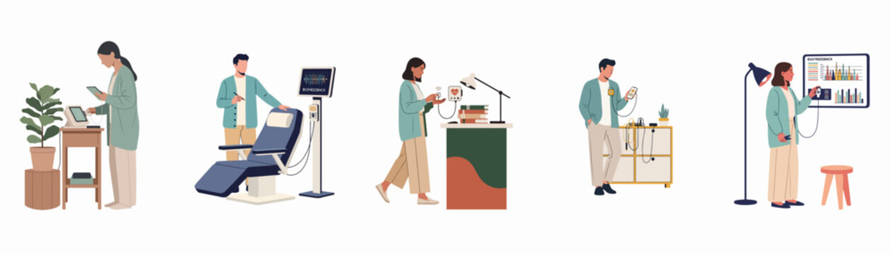 A comprehensive set of flat illustrations depicting various biofeedback therapy sessions, featuring people using advanced medical monitors, mobile apps, and portable sensors for health.
