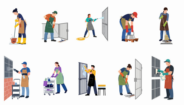 Professional cleaning staff maintaining hygiene in animal shelters and kennels using various equipment, flat vector illustration set.