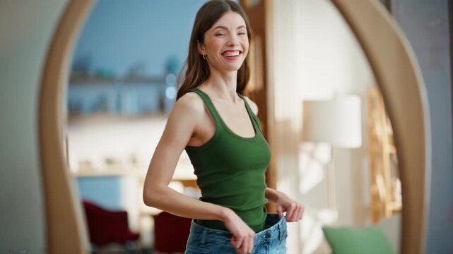Fit woman dancing mirror trying large jeans home closeup. Lady wearing oversized