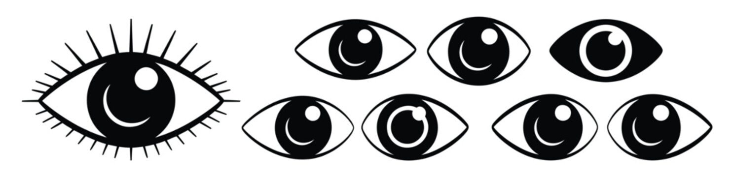 Eye icon collection featuring eyesight symbol retina scan and simple eye designs in modern vector style.