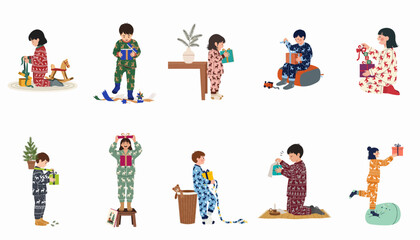 Collection of cute children in festive reindeer pajamas opening and playing with Christmas gifts and decorations on a white background. © Andres