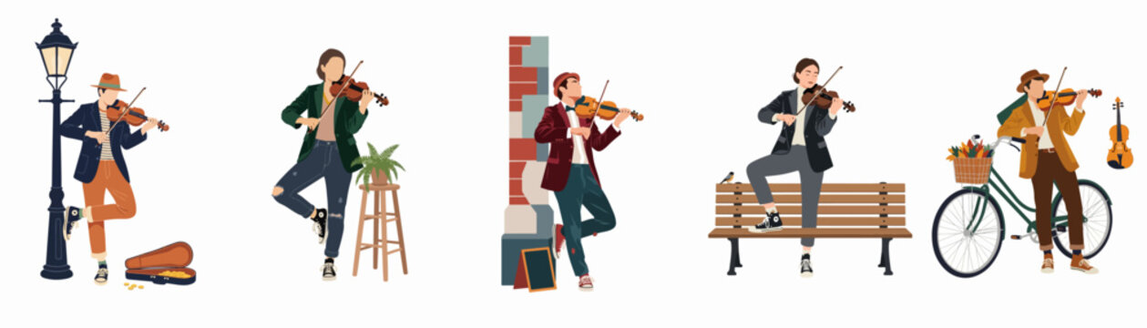 Set of street musicians and buskers playing the violin in various urban settings, modern flat vector illustration isolated on white background.