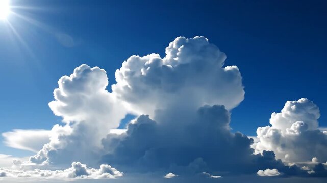 Timelapse of growing cumulonimbus clouds against deep blue sky with intense sun flare, showing powerful weather patterns and meteorological beauty.