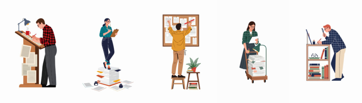 Set of diverse people engaged in writing, editing, research, and organizing documents, flat vector illustration on white background.