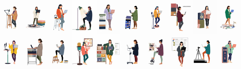 Collection of diverse women working in creative and technical roles, including podcasting, sound engineering, and remote digital work, in a modern flat illustration style. © Juan