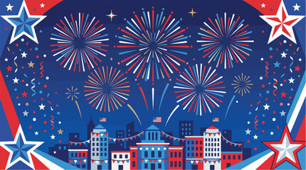 Obraz premium Vibrant fireworks display over a decorated city celebrating independence day holiday
