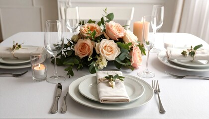Fototapeta premium Elegant table setting with plates, glasses, cutlery and floral arrangement, decorated with candle light for special social events.