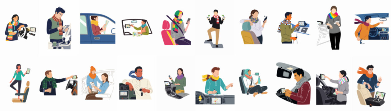 Diverse collection of vector illustrations featuring people using GPS, maps, and smartphones for navigation in and around vehicles during car travel.