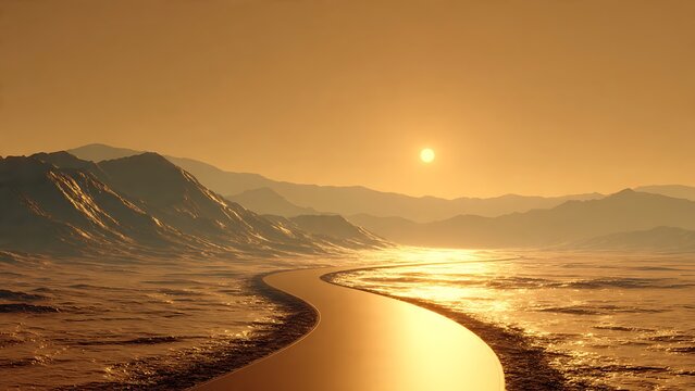 Winding golden river flowing through a desolate desert mountain landscape under a warm sunset sky. Cinematic sci-fi concept background representing exploration, new frontiers, and journey.