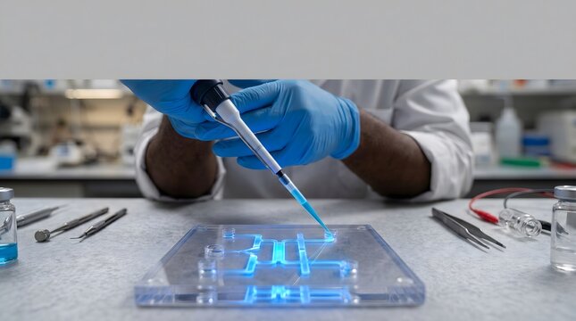 Microfluidic device with blue liquid being dispensed, science and technology research Top view microfluidic, pharmaceutical technology, scientific background, copy space